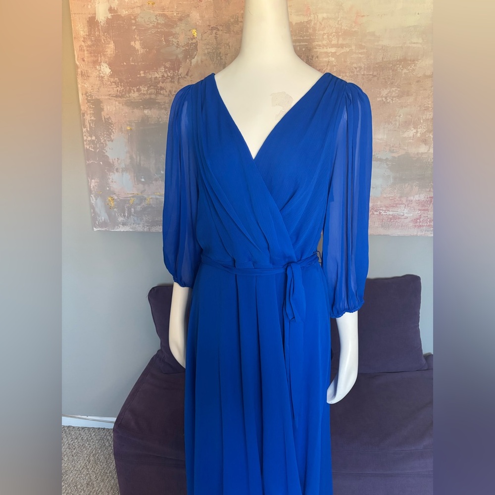 DKNY Blue Faux Wrap Dress with V-Neck and Bishop Sleeves NWT size 16 - Picture 3 of 12